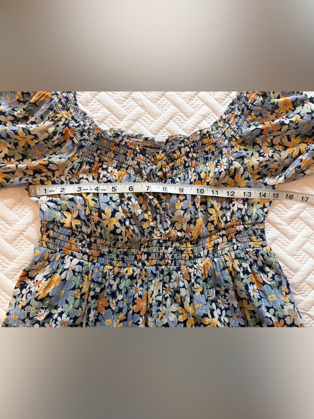 American Eagle Outfitters | Blue and Orange Floral Smocked Fall Mini Dress - Picture 8 of 9